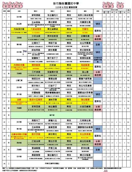 115年6月份葷食菜單