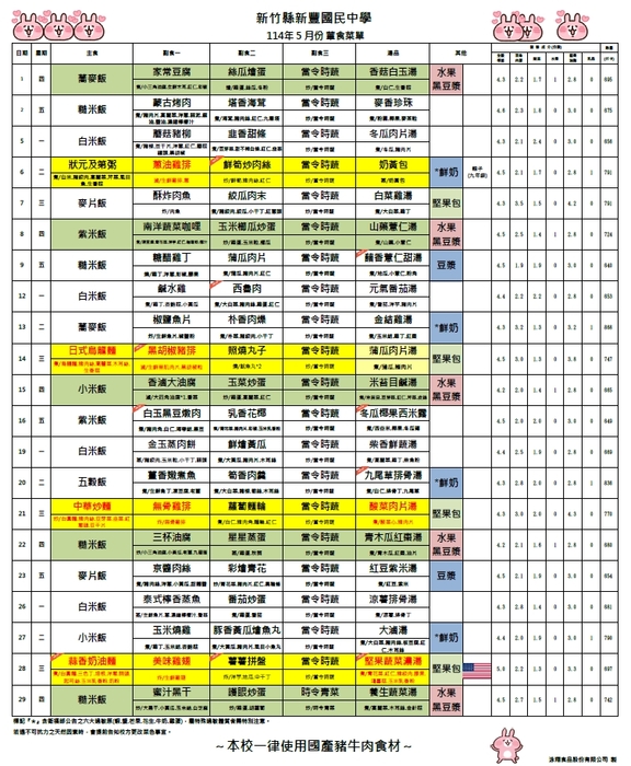 114年5月份葷食菜單圖片